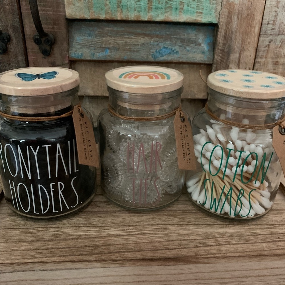 Rae Dunn cotton swabs, hair ties, ponytail